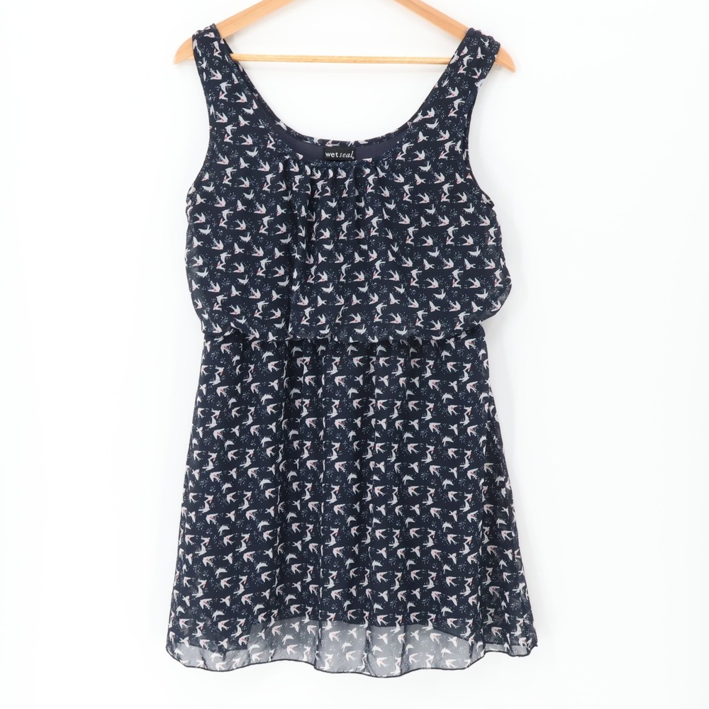 Wet Seal Bird Print Mini Dress Womens‎ Navy Blue 2010s Indie Retro Size M